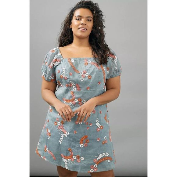 Anthropologie Let Me Be Blue Laurel Floral Embroidered Mini Dress - 1X - Picture 1 of 6